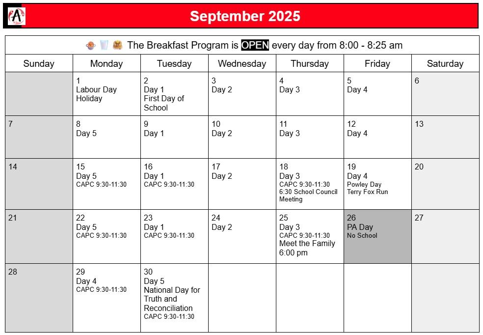 September 2025 Aldergrove Calendar